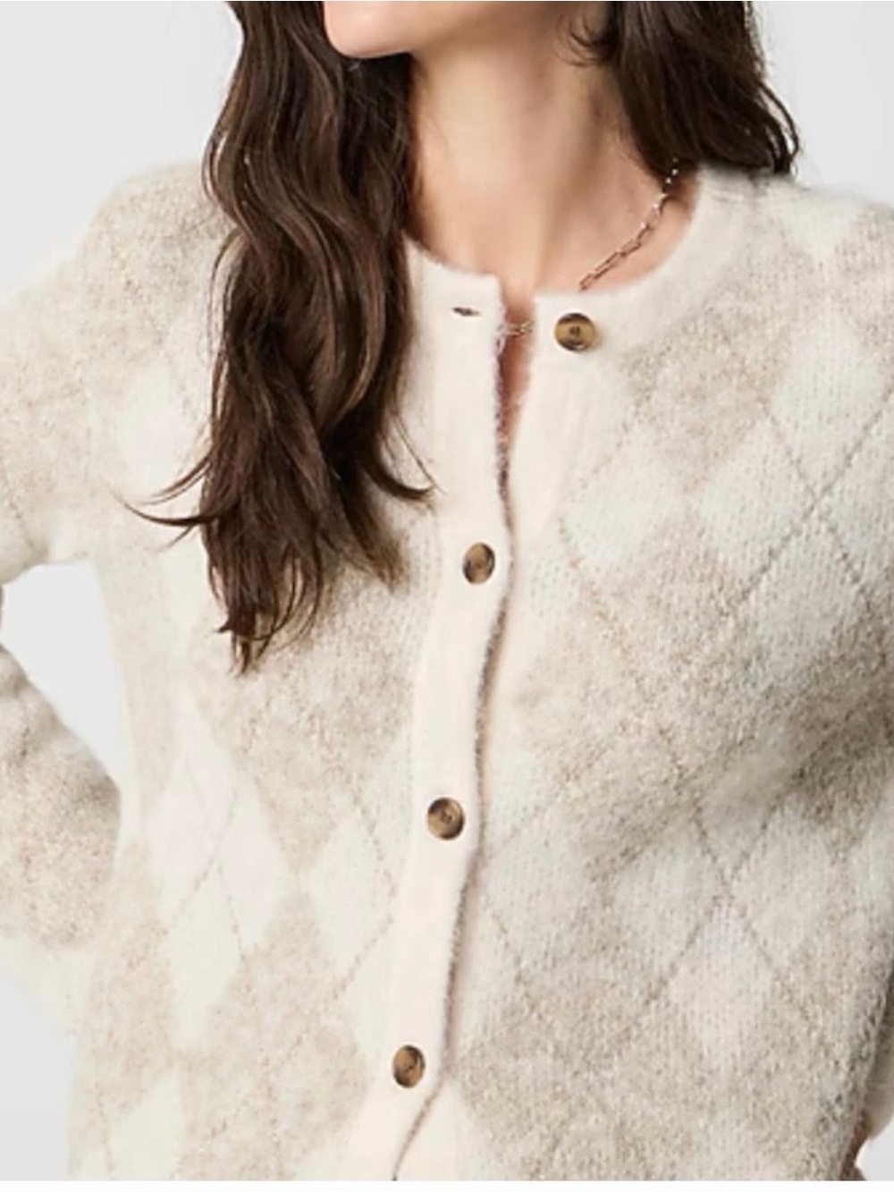 NWT,J.Crew Women’s Cream Argyle Button-Front Sweater Cardigan - Picture 2 of 11